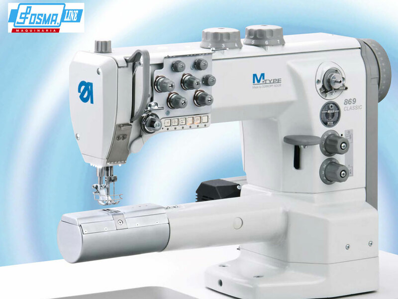 Adler 869. Máquina de brazo cilíndrico, triple arrastre, canilla grande